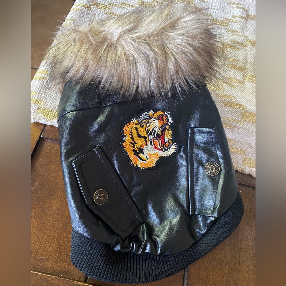 Safari Sahara jungle wild faux dog cat jacket coat black leather warm tiger lion